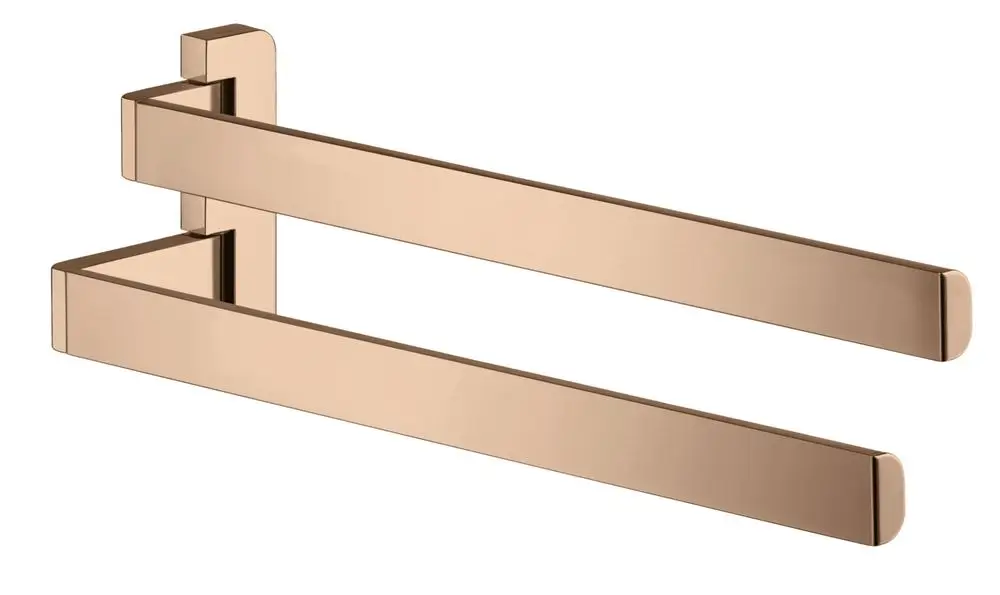 Handtuchhalter von AXOR mit zwei parallel verlaufenden Armen in polierter Rotgold-Optik, angeschraubt an eine Wand, mit klaren, geometrischen Linien.